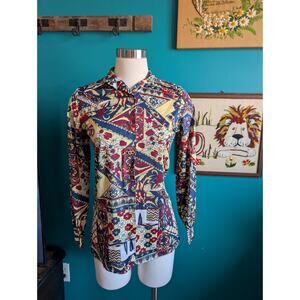 Vintage 70s long sleeve dagger collar polyester button up floral geometric
